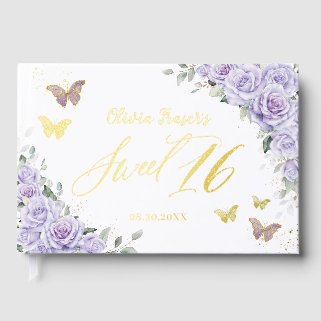 Lila Lilac Floral Butterflies Gold Sweet 16 Foil Gästebuch (Vorderseite)