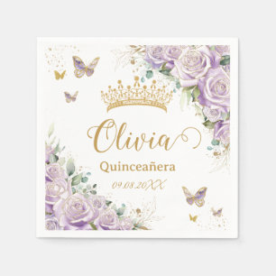 Lila Lilac Floral Butterflies Quinceñera 15 16 Serviette