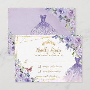 Lila Lilac Floral Gold Quinceañera Kleidung Gown RSVP Karte