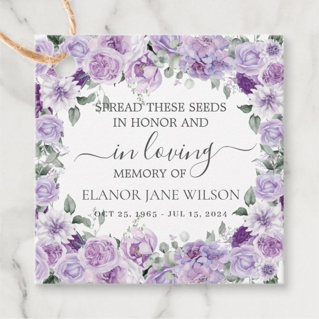 Lila Lilac Floral Memorial Beerdigung Saatgut Pack Geschenkanhänger (Vorderseite)
