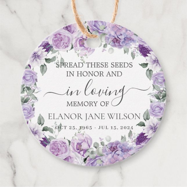 Lila Lilac Floral Memorial Beerdigung Saatgut Pack Geschenkanhänger (Vorderseite)