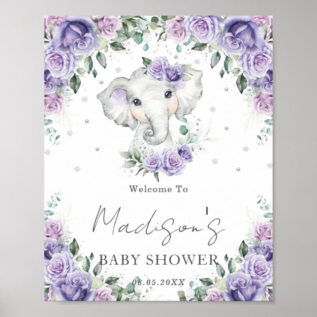 Lila Lilac Floral Niedlich Elephant Baby Duschzeic Poster (Vorne)
