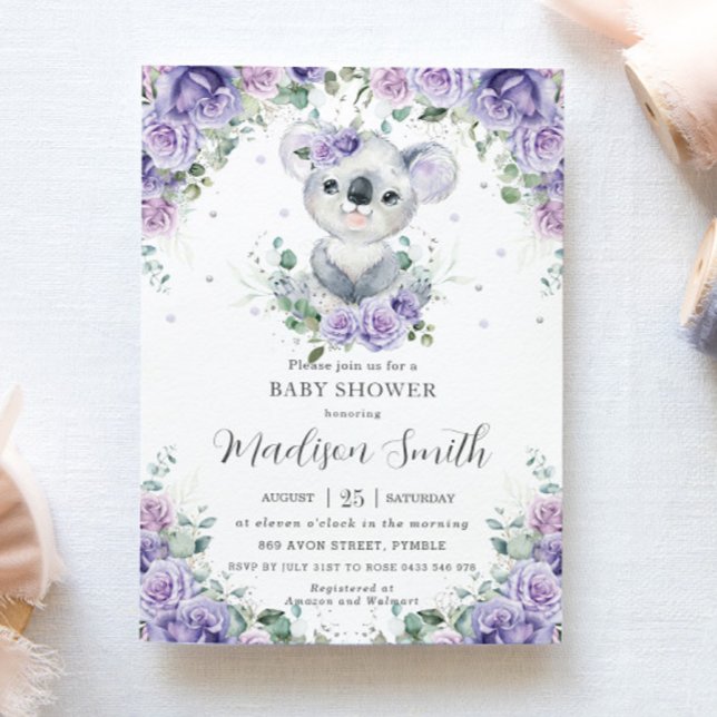 Lila Lilac Floral Niedlich Koala Babydusche Einladung (Von Creator hochgeladen)