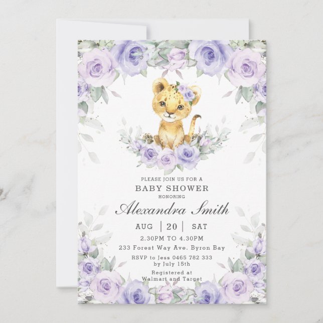 Lila Lilac Floral Niedlich Lion Cub Girl Babydusch Einladung (Vorderseite)