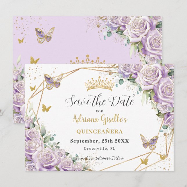 Lila Lilac Floral Princess Gold Quinceañera Save The Date (Vorne/Hinten)