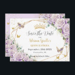 Lila Lilac Floral Princess Gold Quinceañera Save The Date<br><div class="desc">Personalisieren Sie diesen hübschen lila lila Blumengold Quinceañera / Sweet 16 Geburtstag Save the Date einfach und schnell. Klicken Sie einfach auf die Schaltfläche "Weitere Einstellungen", um die Texte zu bearbeiten, Schriftart und Schriftart zu ändern. Mit wunderschönen pastellfarbenen lila Rose, Schmetterlingen und edlen Goldelementen. Matching-Elemente im Speicher verfügbar. c) Somerset...</div>
