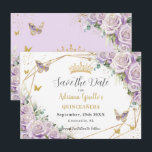 Lila Lilac Floral Princess Gold Quinceañera Save The Date<br><div class="desc">Personalisieren Sie diesen hübschen lila lila Blumengold Quinceañera / Sweet 16 Geburtstag Save the Date einfach und schnell. Klicken Sie einfach auf die Schaltfläche "Weitere Einstellungen", um die Texte zu bearbeiten, Schriftart und Schriftart zu ändern. Mit wunderschönen pastellfarbenen lila Rose, Schmetterlingen und edlen Goldelementen. Matching-Elemente im Speicher verfügbar. c) Somerset...</div>