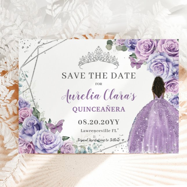 Lila Lilac Floral Quinceanera Brown Princess Save The Date (Von Creator hochgeladen)