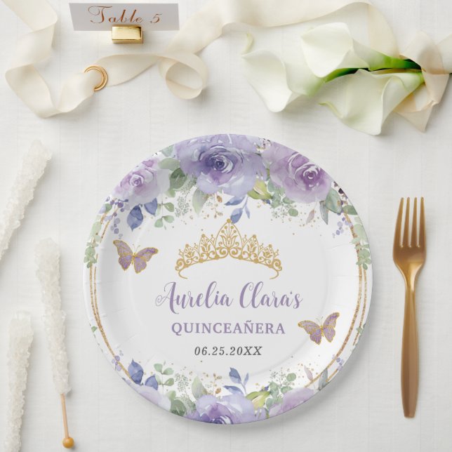 Lila Lilac Floral Quinceañera Crown Butterfliegen Pappteller (Hochzeit)