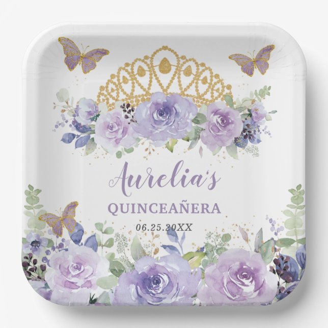 Lila Lilac Floral Quinceañera Crown Butterfliegen Pappteller (Vorderseite)