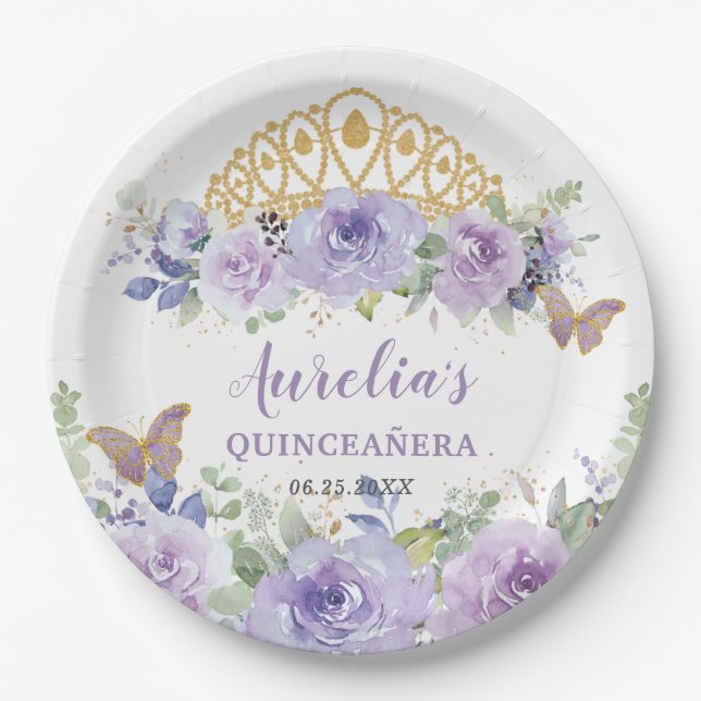 Lila Lilac Floral Quinceañera Crown Butterfliegen Pappteller (Vorderseite)