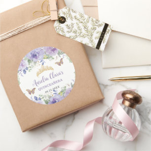 Lila Lilac Floral Quinceañera Crown Butterfliegen Runder Aufkleber