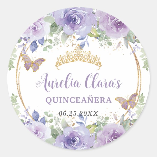 Lila Lilac Floral Quinceañera Crown Butterfliegen Runder Aufkleber (Vorderseite)