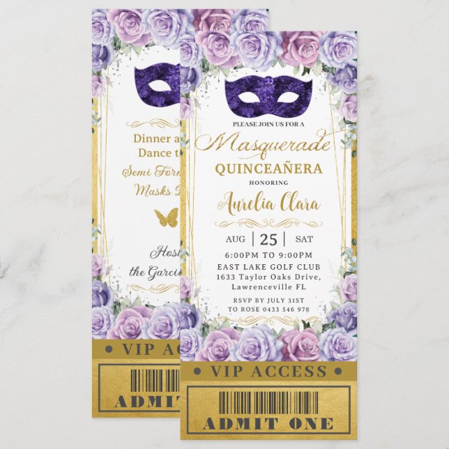 Lila Lilac Floral Quinceañera Masquerade Ticket Einladung (Vorne/Hinten)