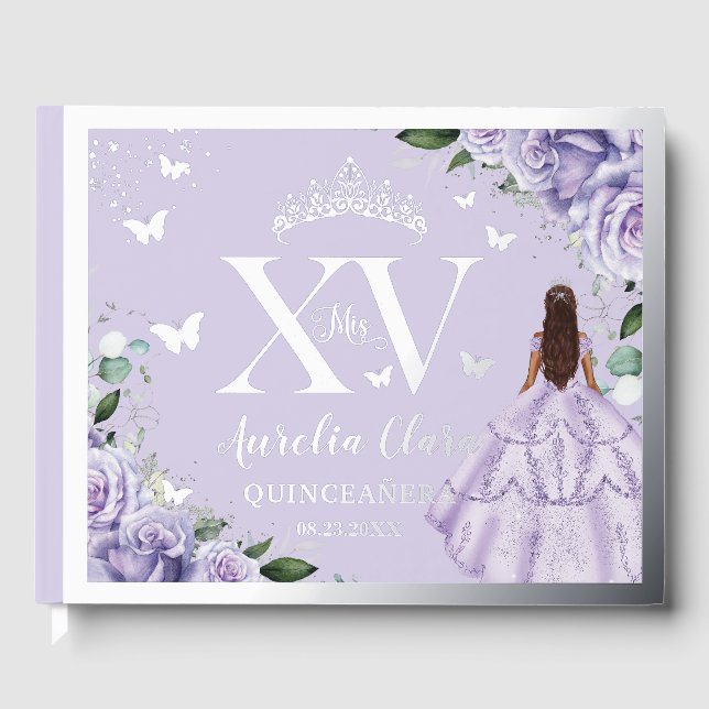Lila Lilac Floral Quinceañera Quince 15 Silber Gästebuch (Vorderseite)