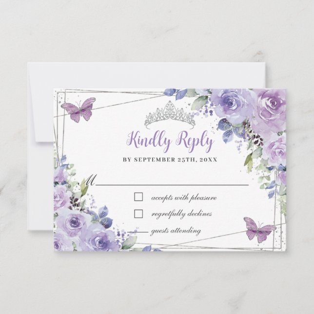 Lila Lilac Floral Quinceañera Silberschmetterlinge RSVP Karte (Vorderseite)
