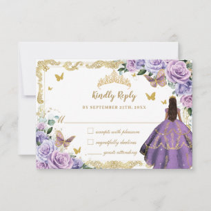 Lila Lilac Floral Quinceñera Princess Gold RSVP Karte