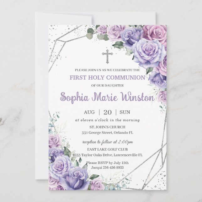 Lila Lilac Floral Silver Erste Heilige Kommune Einladung (Vorderseite)