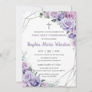 Lila Lilac Floral Silver Erste Heilige Kommune Einladung