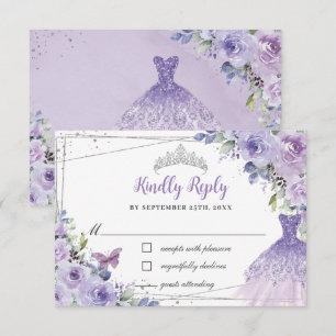 Lila Lilac Floral Silver Quinceañera Kleidung Gown RSVP Karte