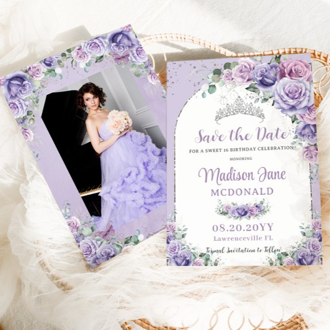 Lila Lilac Floral Sweet 16 Silver Birthday Foto Save The Date (Von Creator hochgeladen)