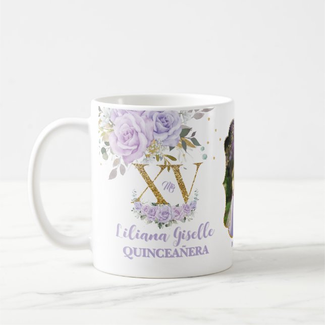 Lila Lilac Floral XV QUINCEAÑERA Quince 15 Foto Kaffeetasse (Links)