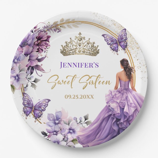 Lila Lilac Girl Princess Tiara Floral Sweet 16 Pappteller (Vorderseite)