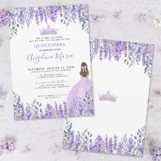 Lila Lilac Glitzer Tiara Floral Quinceañera Einladung