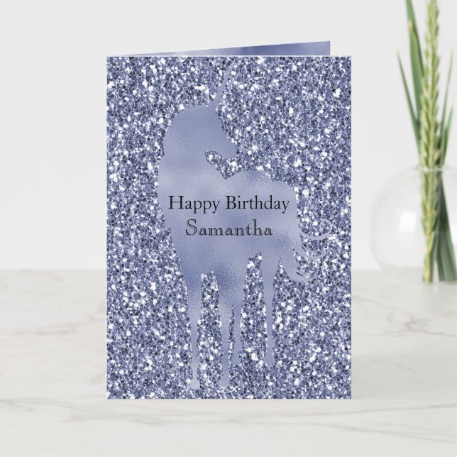 Lila Lilac Glitzer Unicorn Personalisiert Karte (Vorderseite)