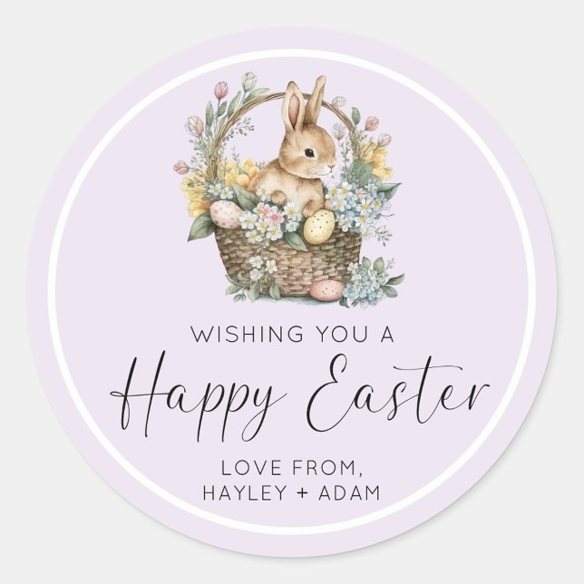 Lila Lilac Happy Oaster Bunny Runder Aufkleber (Easter Bunny Sticker)