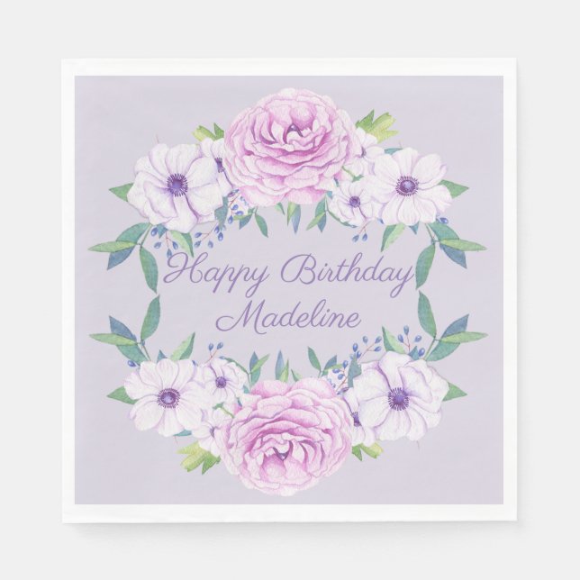 Lila Lilac Lavender Floral Personalisiert Geburtst Serviette (Vorderseite)