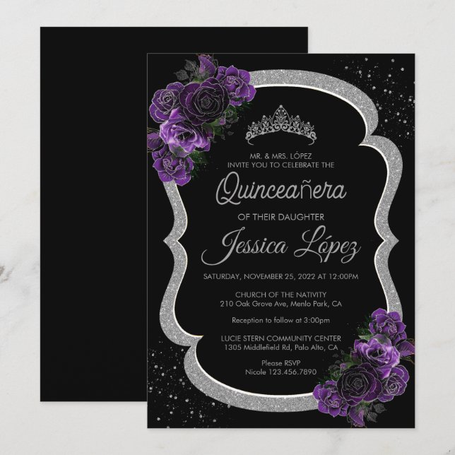 Lila Lilac Lavender Floral Quinceañera Silver Einladung (Vorne/Hinten)