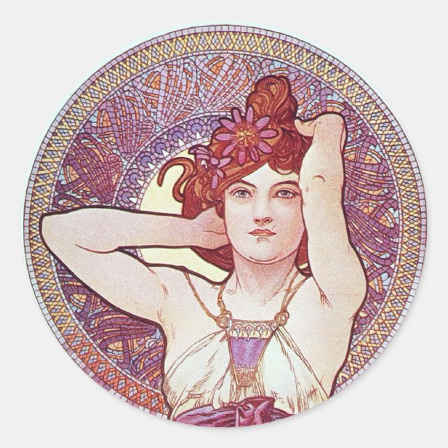 Lila Lilac mucha Art Runder Aufkleber (Vorderseite)