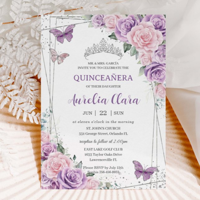Lila Lilac Pink Floral Butterfliegen Quinceañera Einladung (lavender-purple-lilac-pale-pink-flowers-floral-roses-silver-geometric-quinceanera-sweet-16-invites)