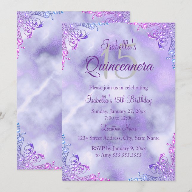 Lila Lilac Quinceanera 15. Silver Pearl Damask Einladung (Vorne/Hinten)
