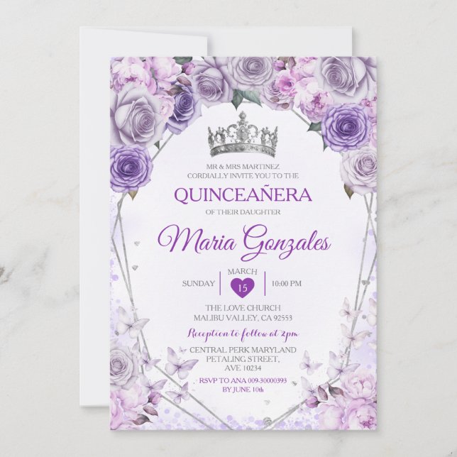 Lila Lilac Quinceañera Crown Mexican Butterfly Einladung (Vorderseite)