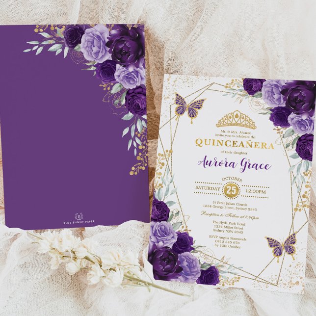 Lila Lilac Quinceañera Gold Tiara Geometric Einladung (Von Creator hochgeladen)