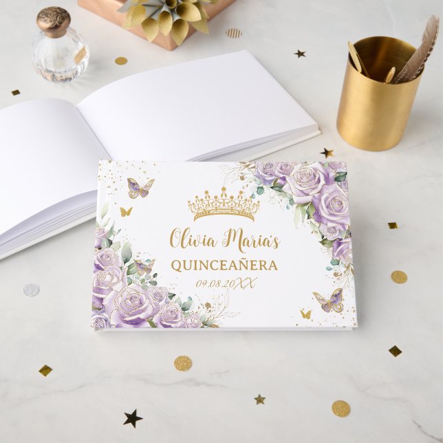 Lila Lilac Rose Blumengold Quinceanera Quince Gästebuch (Vorderseite Offen)