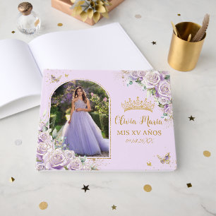 Lila Lilac Rose Floral Gold Quinceañera Foto Gästebuch