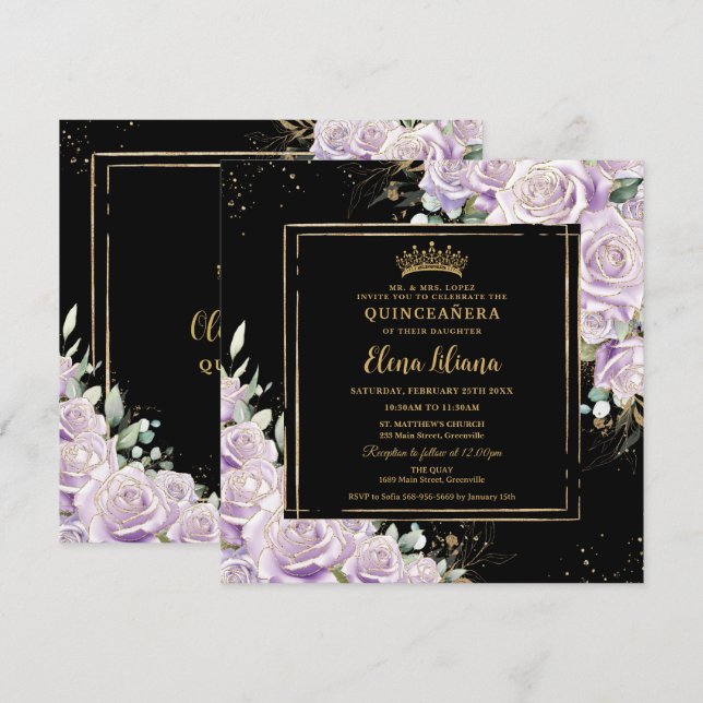 Lila Lilac Rose Floral Gold Quinceanera Sweet 16 Einladung (Vorne/Hinten)