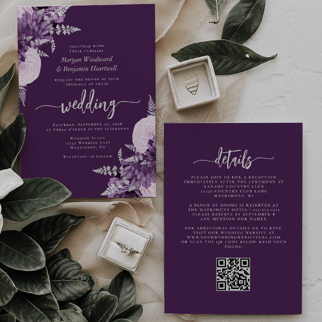 Lila Lilac Silver Floral QR Code Hochzeit Einladung (Von Creator hochgeladen)