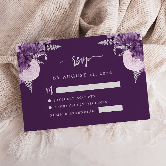 Lila Lilac Silver Floral Script Wedding RSVP Begleitkarte (Von Creator hochgeladen)