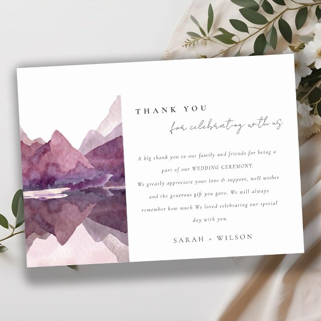 Lila Lilac Watercolor Bergsee Hochzeit Dankeskarte (Von Creator hochgeladen)