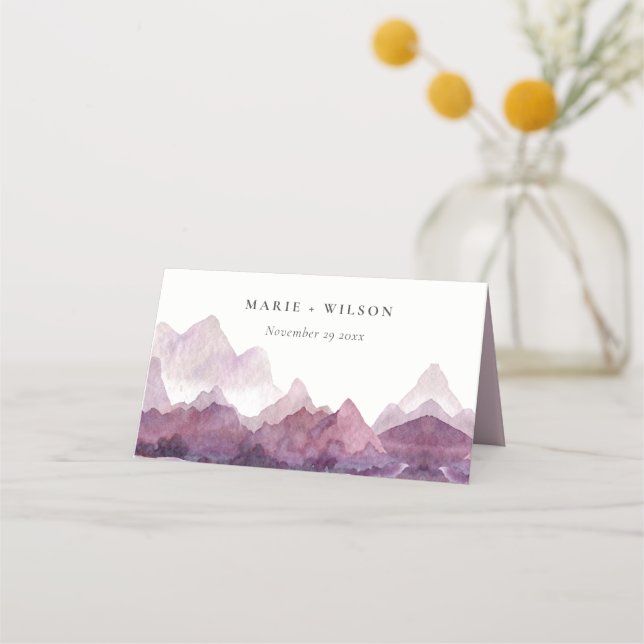 Lila Lilac Watercolor Bergsee Hochzeit Platzkarte (Vorderseite)
