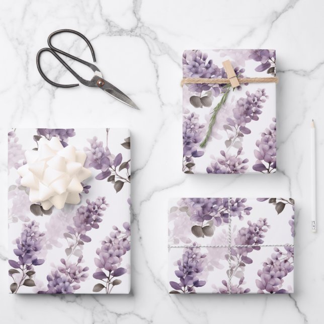 Lila Lilac Watercolor Floral Geschenkpapier Set (Vorderseite)
