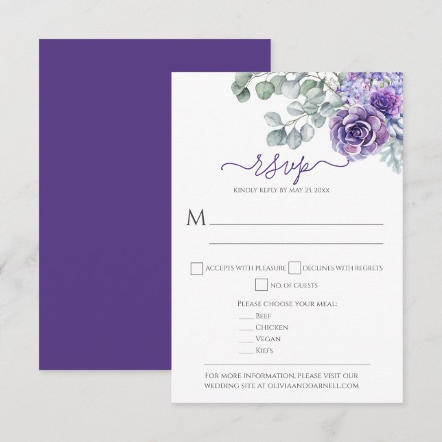 Lila Lilacs & Succulents, Eukalyptus DIY Wedding RSVP Karte (Vorne/Hinten)