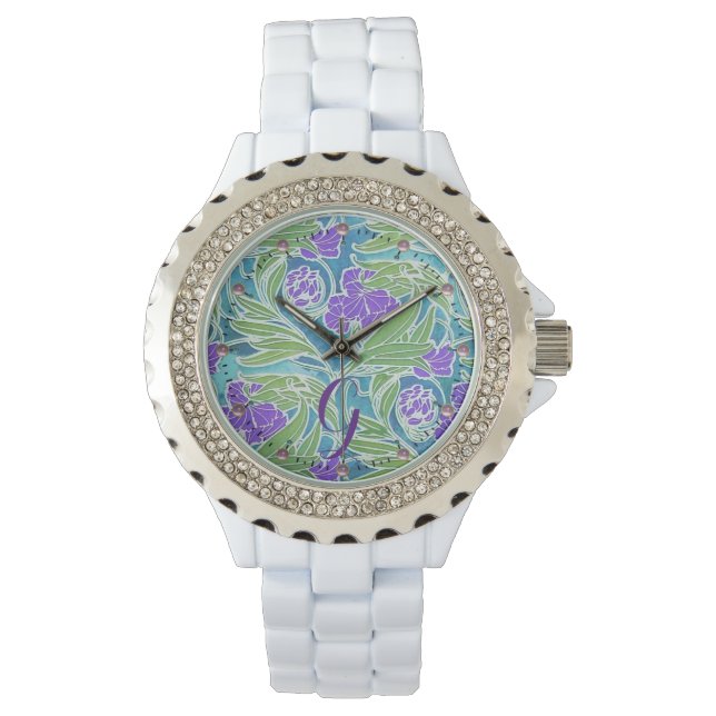 LILA LILIE ,GRÜNE BLÄTTER AQUA BLAUE BLUE FLORAL ARMBANDUHR (Vorderseite)