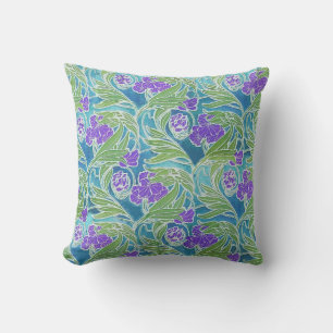 LILA LILIE ,GRÜNE BLÄTTER AQUA BLAUE BLUE FLORAL KISSEN