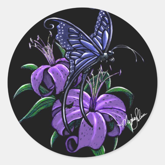 Lila Lilien Blue Butterfly Fantasy Art Stickers (Vorderseite)