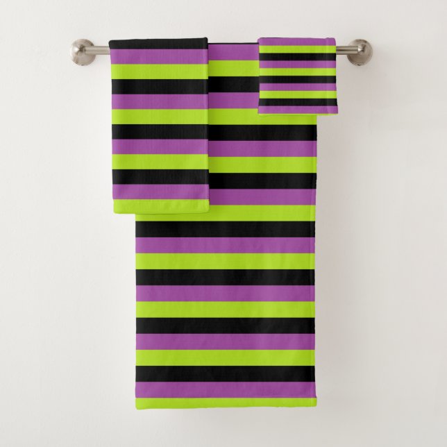 Lila, Limone grüne und schwarze Streifen Badhandtuch Set (Insitu)